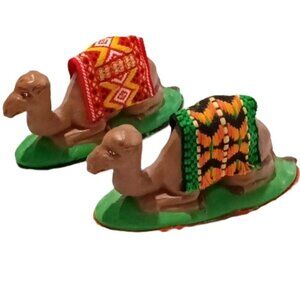 Vintage Pair of Camels Reposing Metallic Multicolor Saddle Blankets from Tunisia